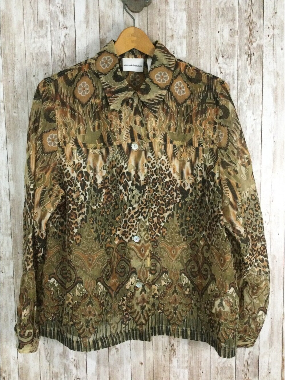 Alfred Dunner Light Weight Jacket Top Sz 14 Long Sleeve Top Semi Sheer Earthy